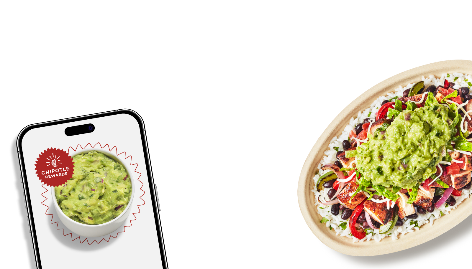 A side of fresh made Guacamole in a phone and a Chipotle Burrito Bowl with a freshly made tortilla chip dipped in our new Adobo Ranch.